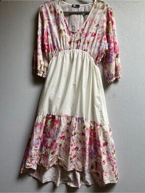 M Made in Italy Floral Ivory Midi Dress Watercolor V-Neck Sz M